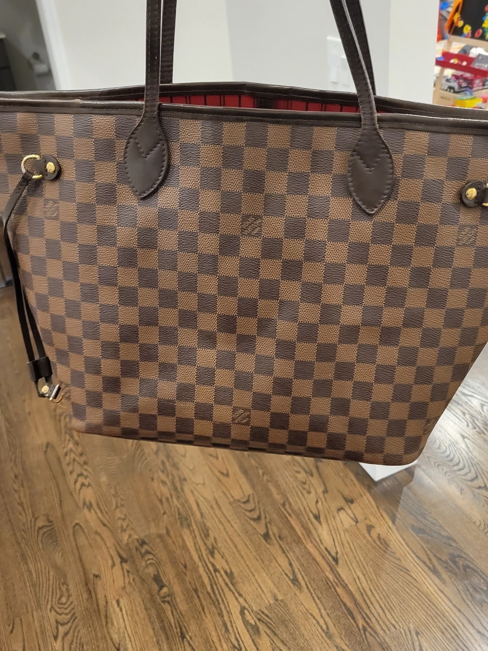 Louis Vuitton Damier Ebene Tote with Red Interior